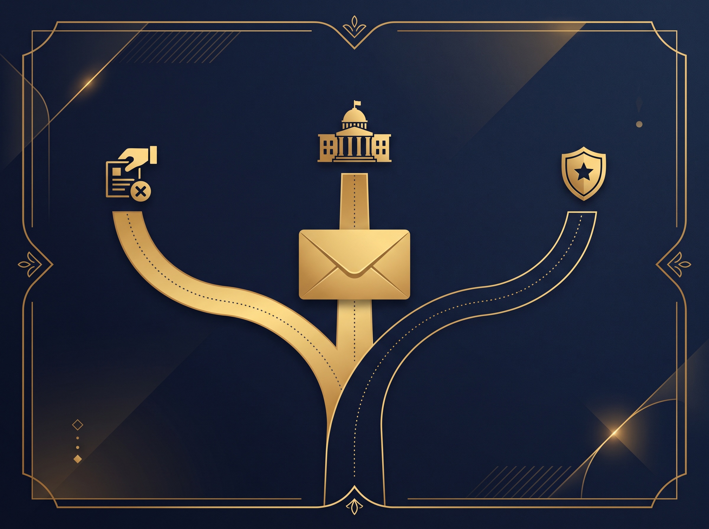 A gold envelope at a fork into three paths ending in a takedown icon, a government building, and a shield, on navy, symbolizing escalation after an ignored invoice