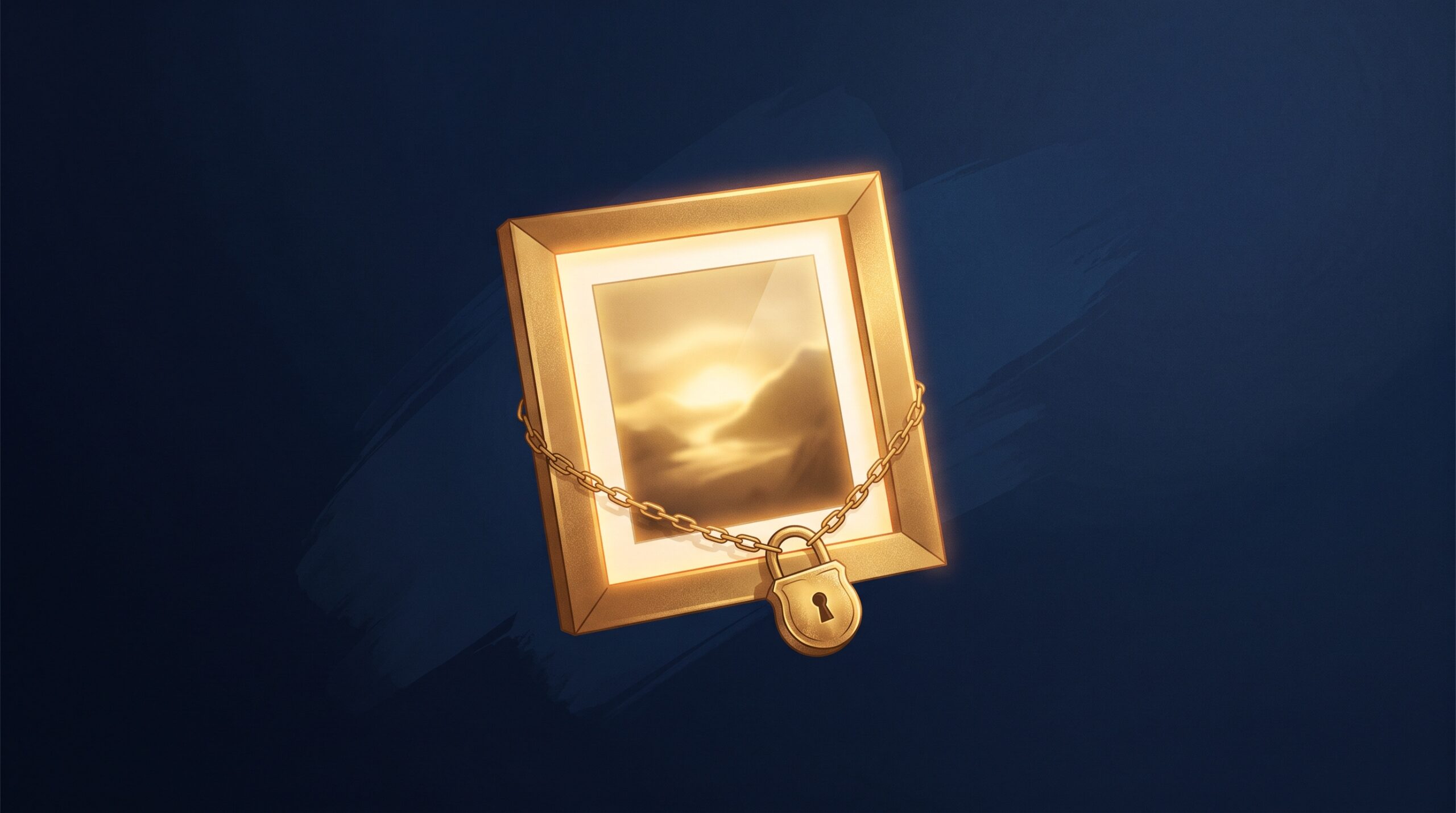 A gold framed photo partly wrapped in a small chain and padlock, on navy, symbolizing a licensed image that still carries restrictions