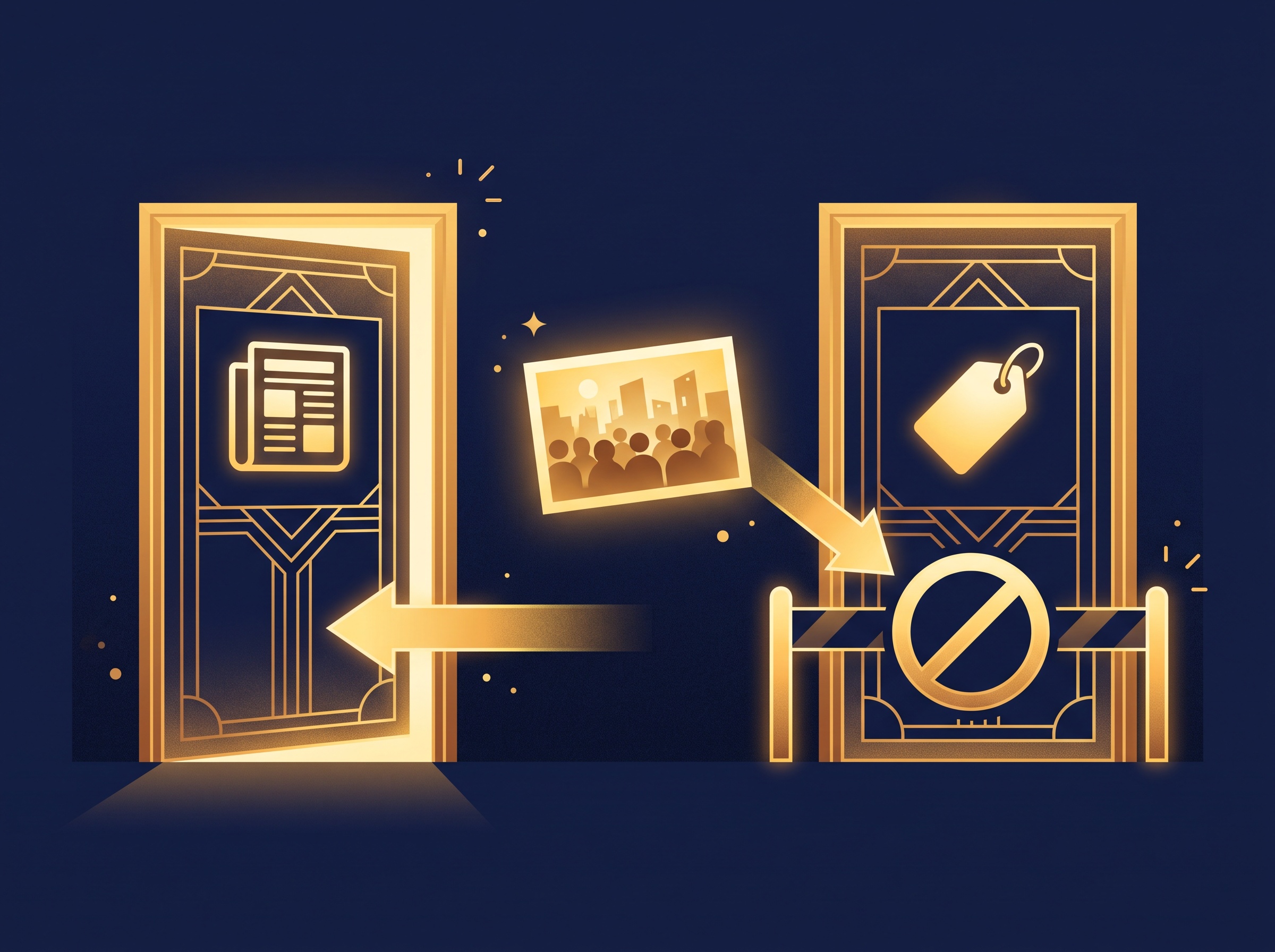 Two gold doorways, one with a newspaper icon and one with a price-tag icon, a photo allowed through the newspaper door only, on navy, symbolizing editorial-only versus commercial use
