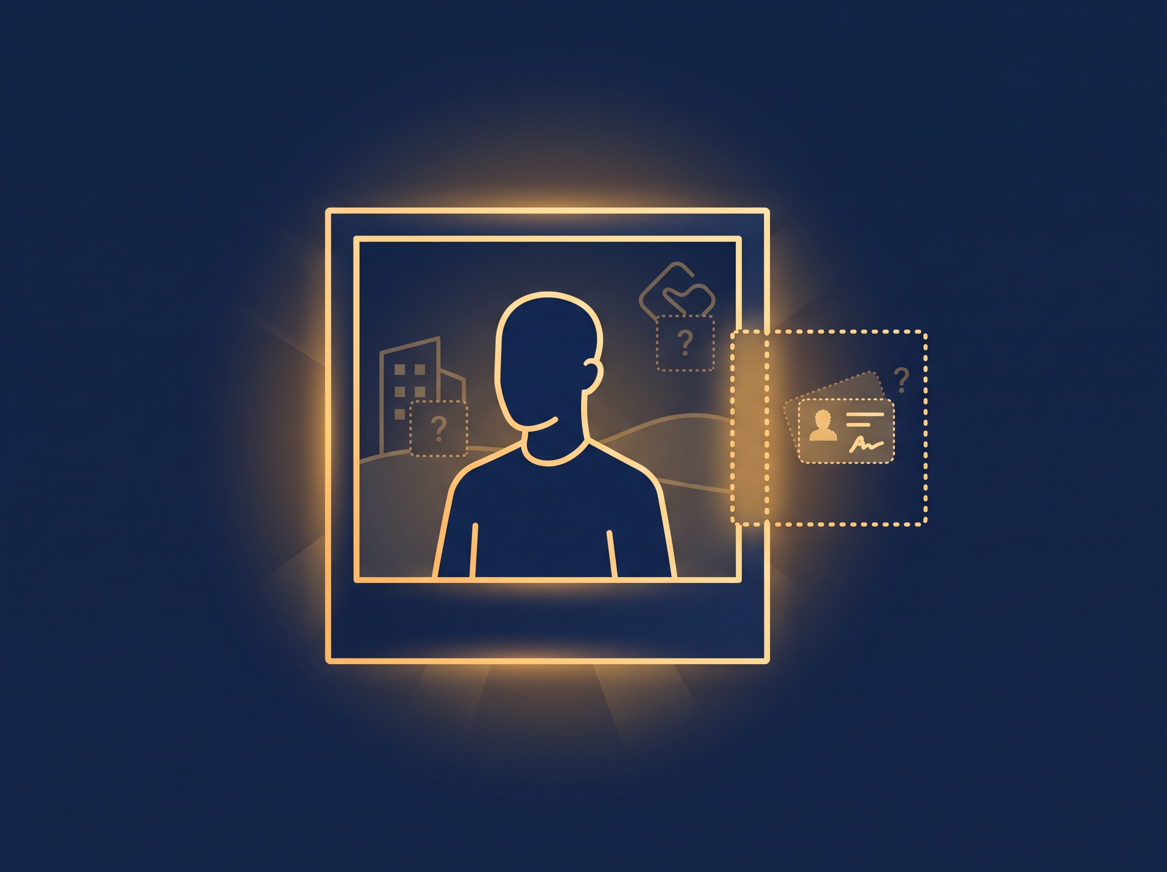 A gold photo of a person with an empty release-card slot beside them and faint logo and building shapes also flagged, on navy, symbolizing missing releases and uncleared trademarks in a stock image