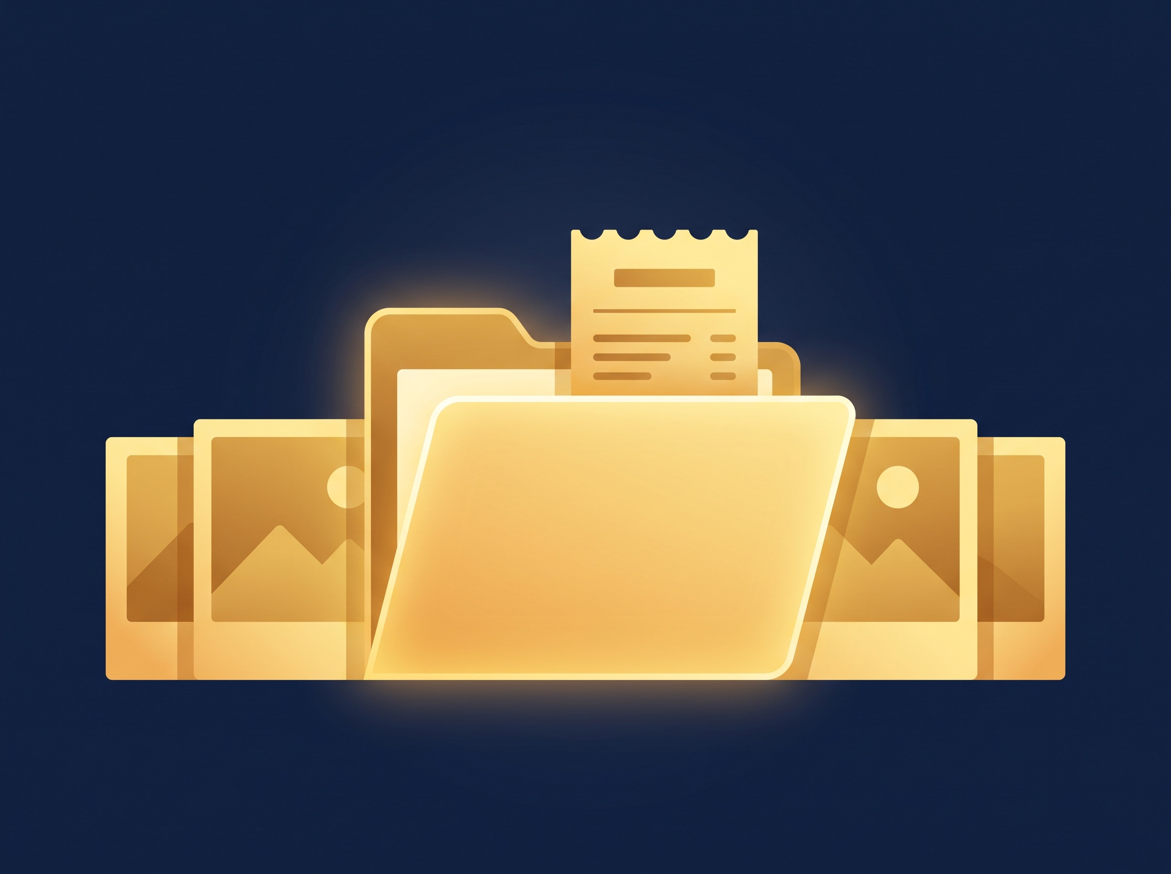 A gold folder holding a receipt standing in front of a row of photos, on navy, symbolizing keeping proof of your stock licenses on file