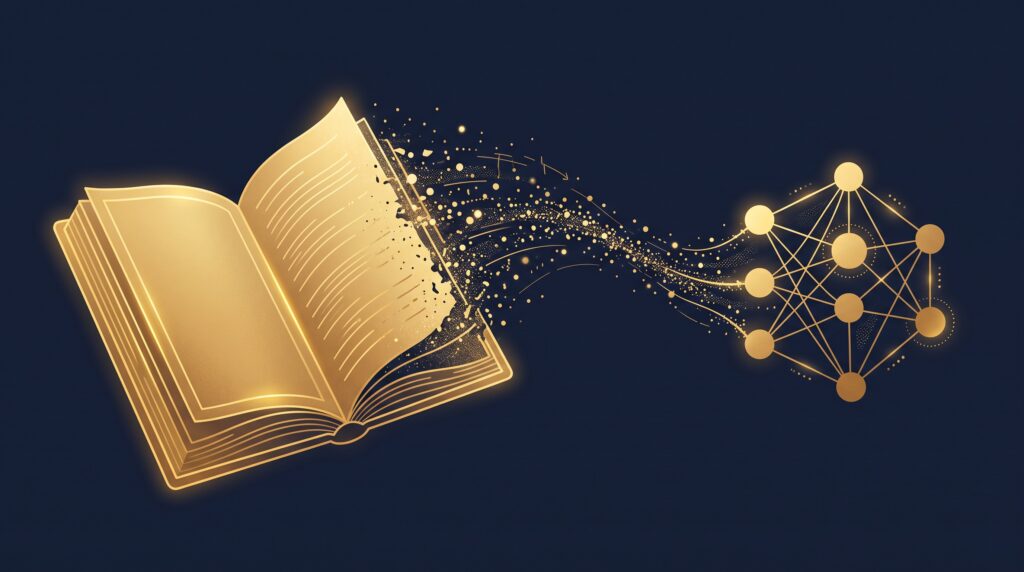 A gold open book dissolving into a stream of particles flowing into a neural-network node cluster, on navy, symbolizing text and data mining feeding an AI model