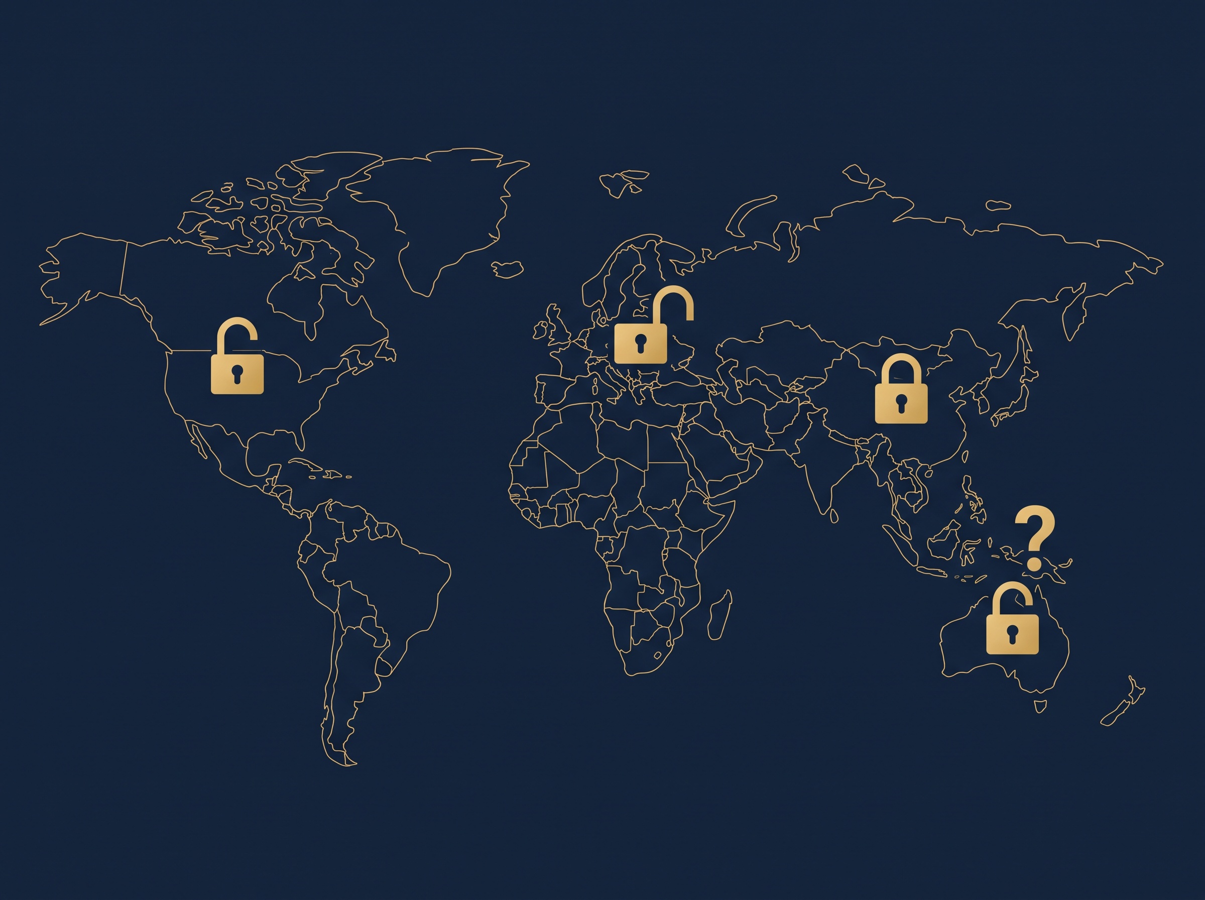 A faint gold world map with four padlocks in different open and closed states, on navy, symbolizing how text and data mining rules differ by country