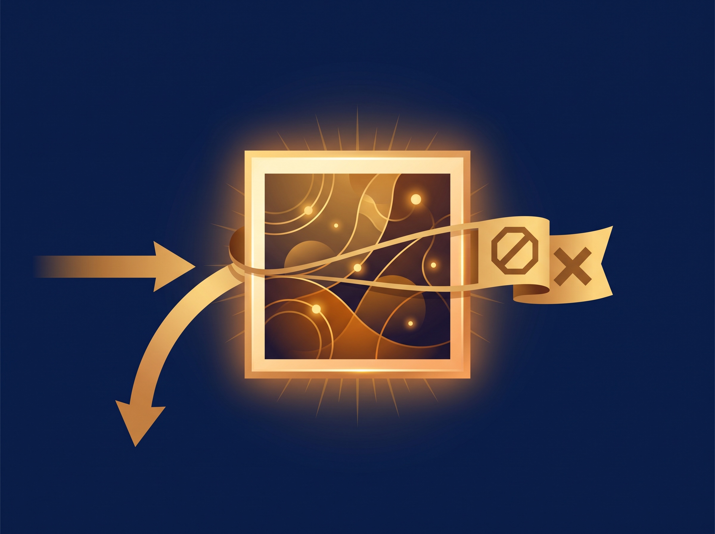 A gold framed artwork tagged with a ribbon that deflects an incoming arrow, on navy, symbolizing a creator reserving rights to opt out of AI mining