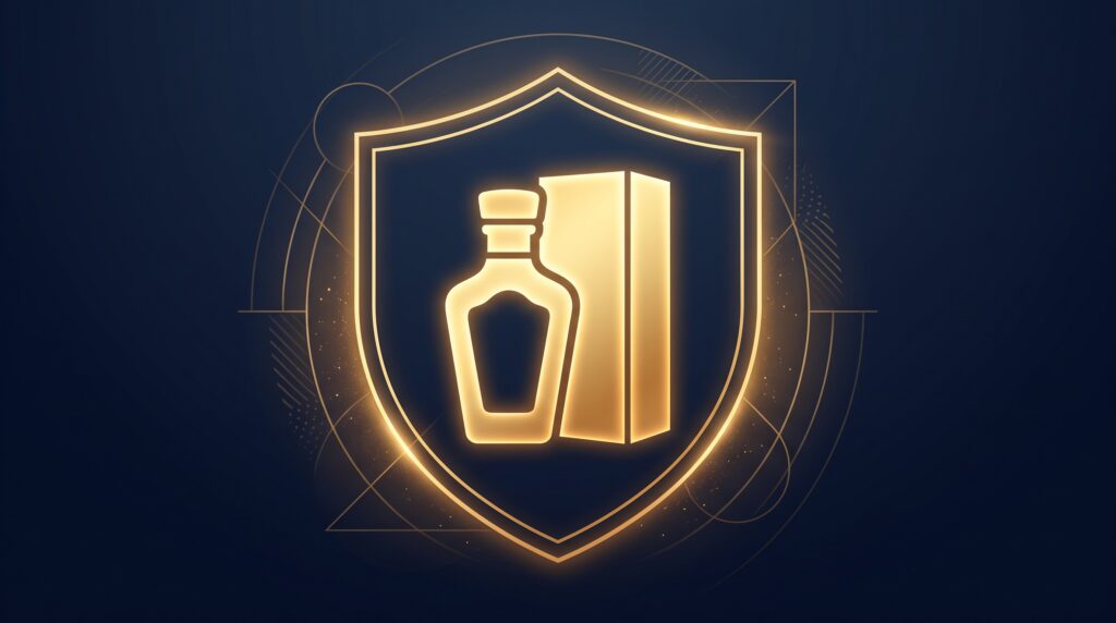 A glowing gold product and package silhouette inside a protective shield outline on navy, symbolizing trade dress protecting a product's look and feel