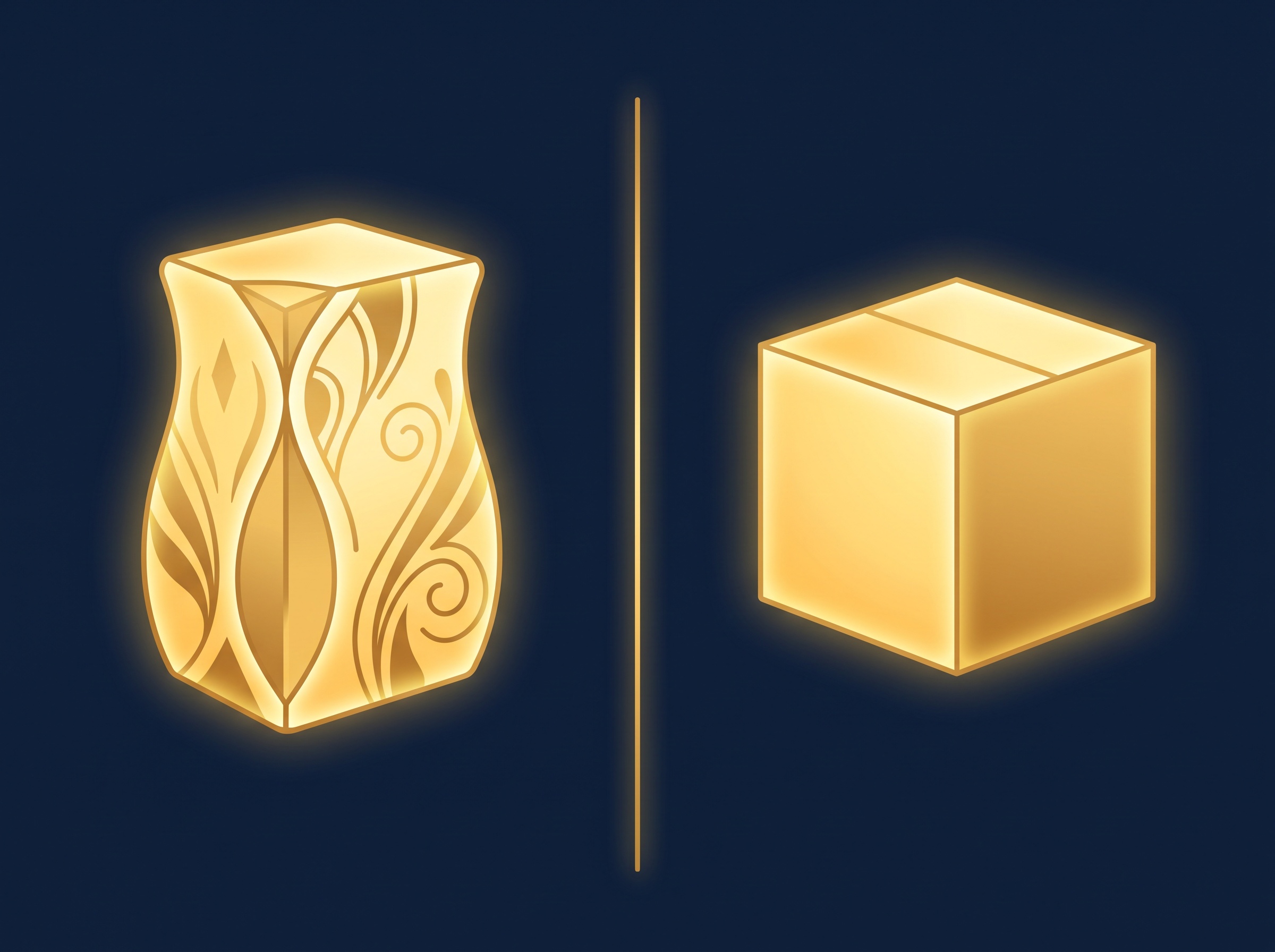 A distinctive gold package beside a plain generic box on navy, symbolizing distinctive protectable trade dress versus a generic design
