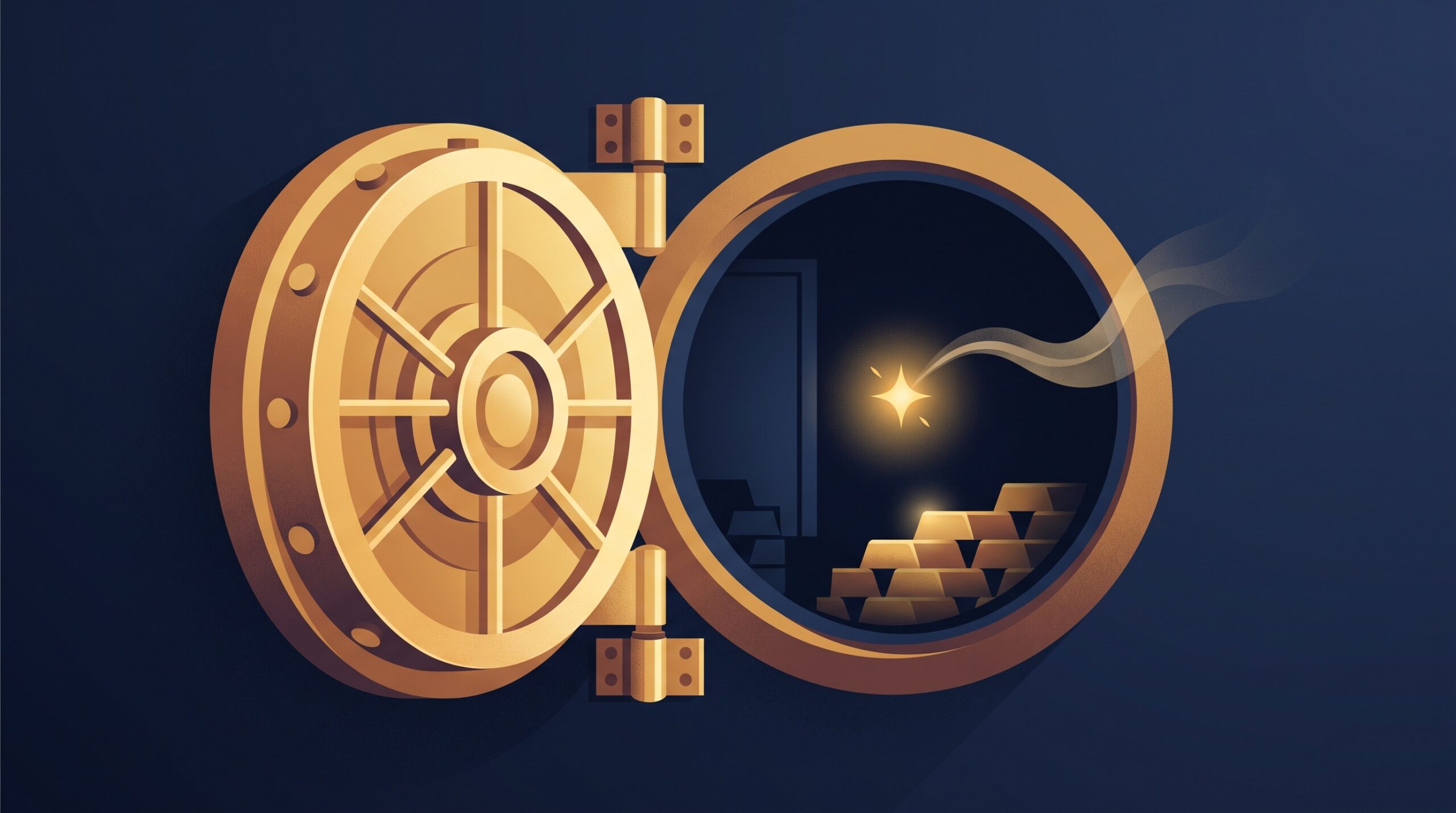 An open gold vault door on a navy background with a glowing wisp drifting out, symbolizing confidential information leaving a business