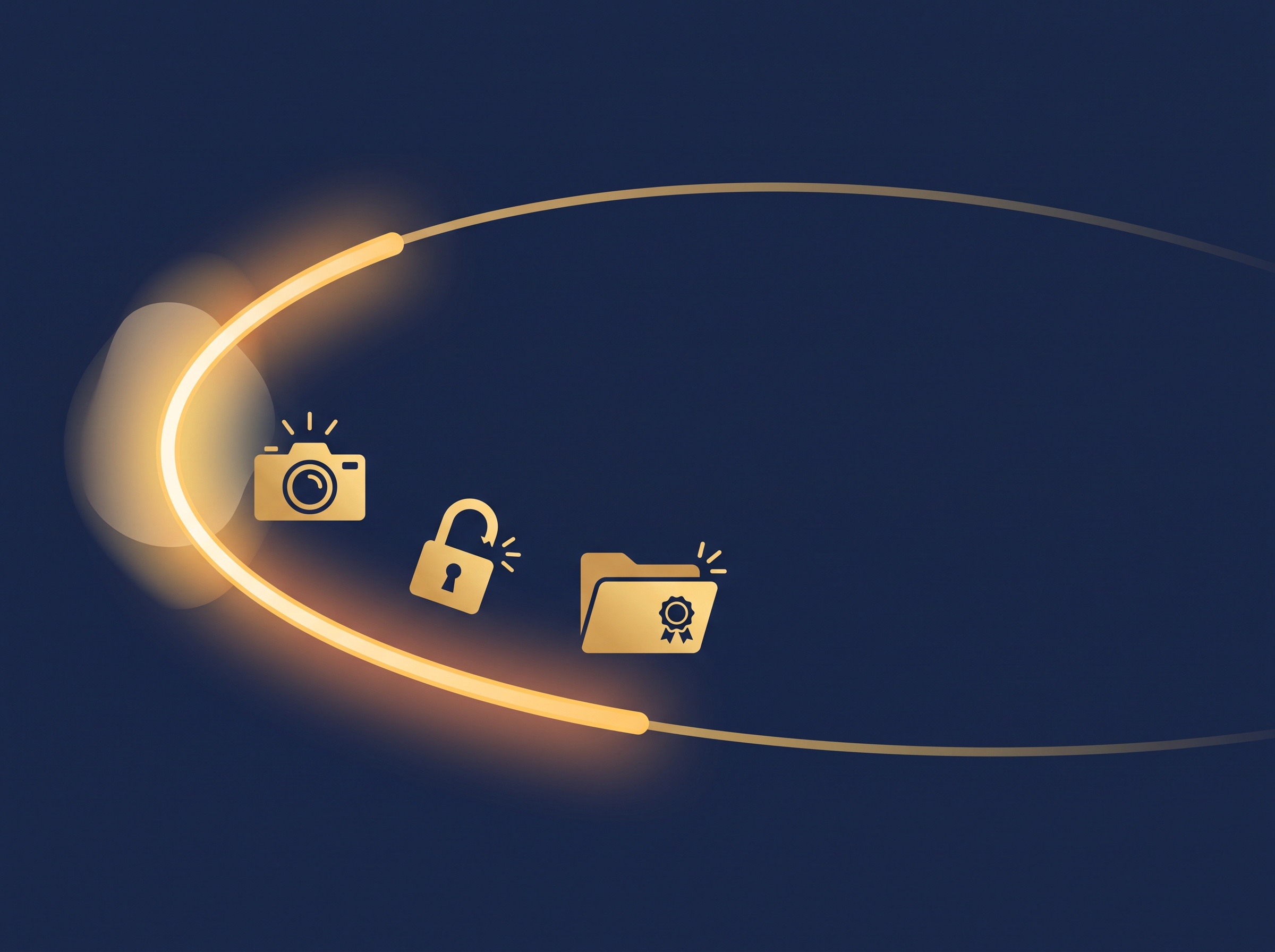 A gold timeline arc with a highlighted opening segment and small icons for a camera, a closing padlock, and a sealed folder on navy, symbolizing the critical first hours of response