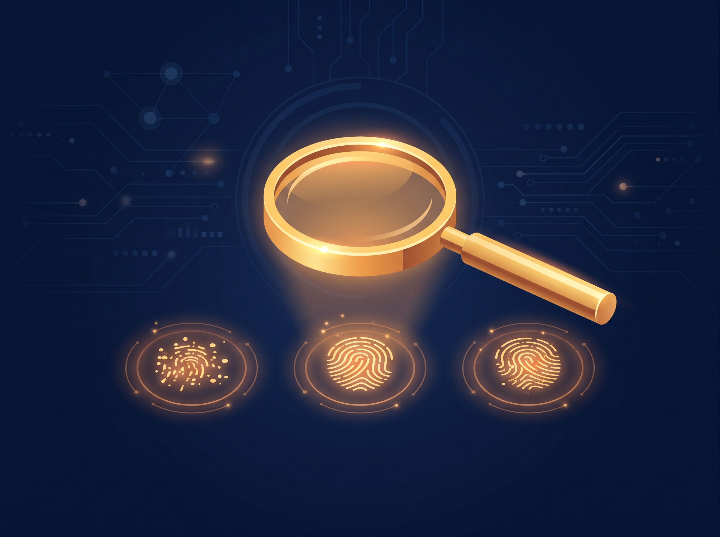 A gold magnifying glass over three glowing data traces on navy, symbolizing examining evidence that a secret was taken and used