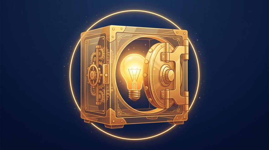 A glowing gold idea icon sealed inside a translucent gold vault on navy, symbolizing a trade secret protected by keeping it confidential