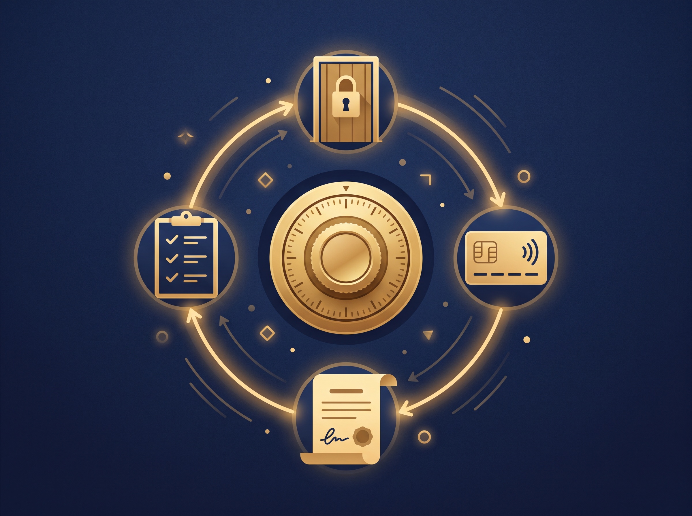 A gold combination lock ringed by icons of a locked door, keycard, signed document and checklist on navy, symbolizing reasonable measures to protect a trade secret