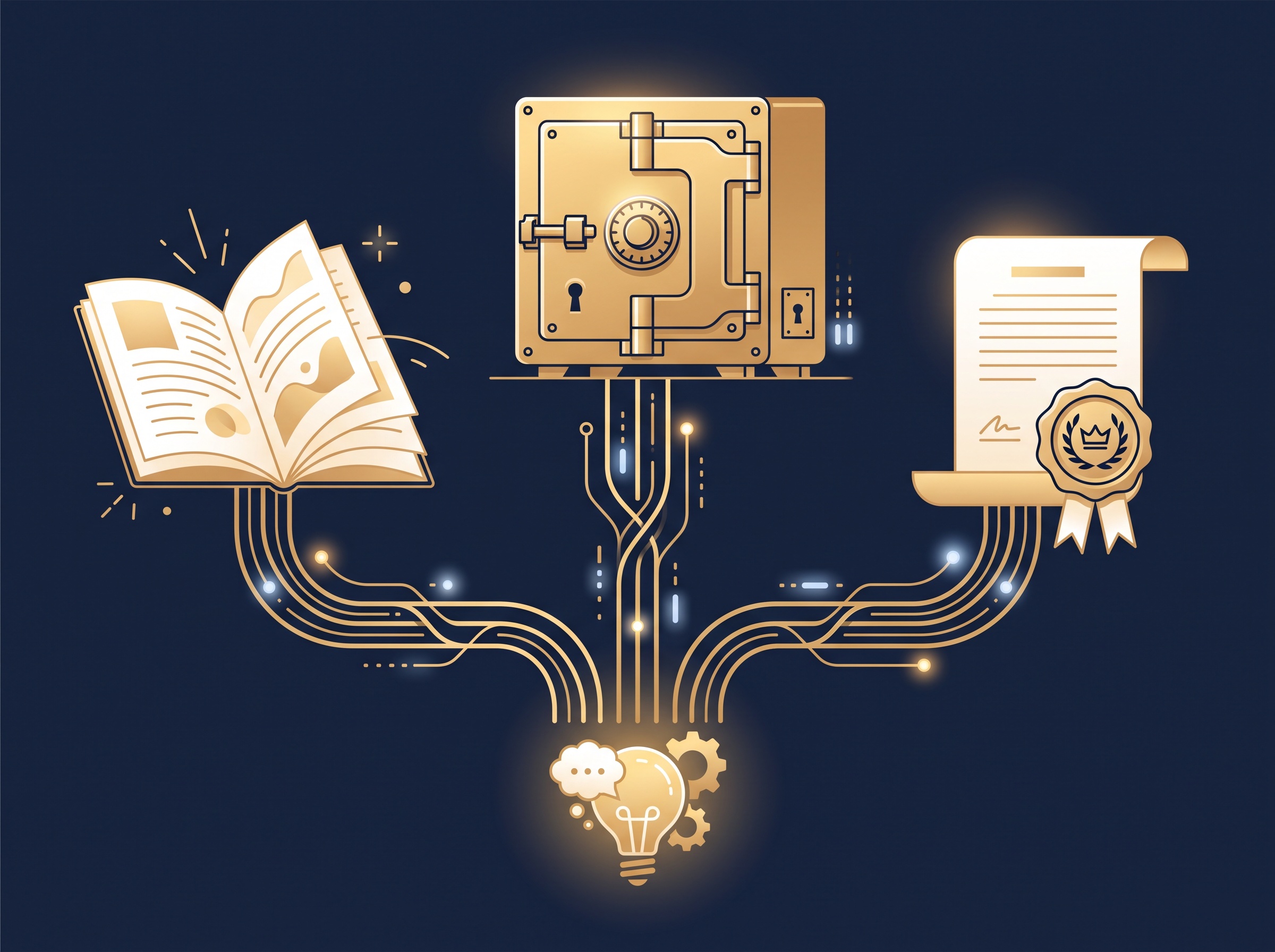 Three gold routes from one idea leading to an open document, a sealed vault and a certificate on navy, symbolizing the choice between patent, trade secret and copyright