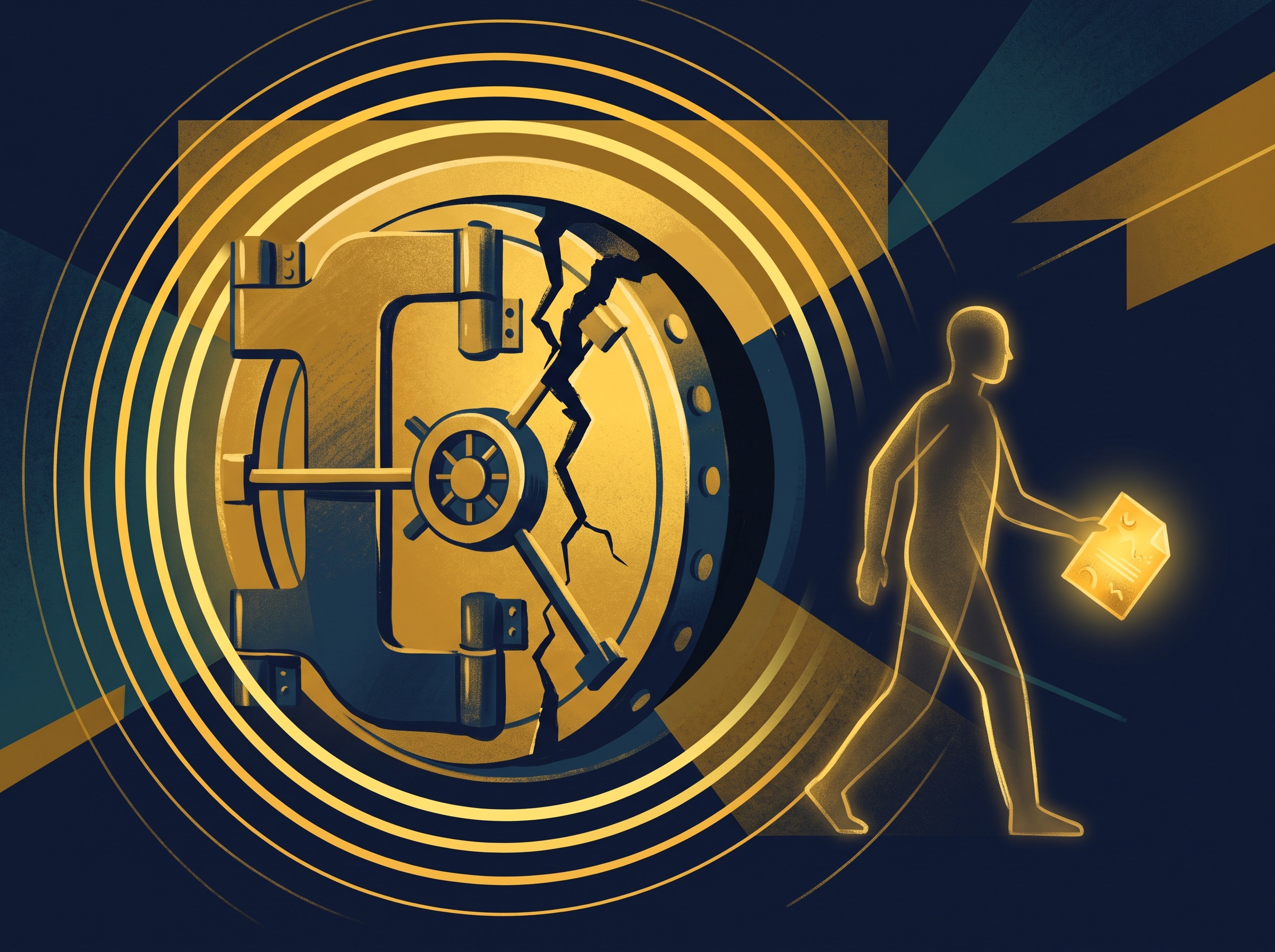 A cracked gold vault with a figure walking away holding a glowing document and an alert ring pulsing on navy, symbolizing trade secret misappropriation by a departing insider
