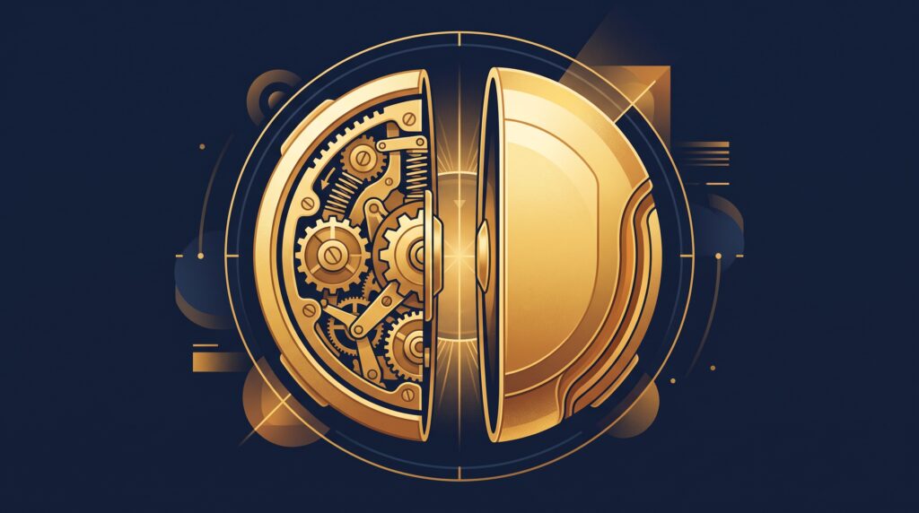 A gold product split into a mechanical cutaway half and a smooth outer-shell half, on navy, symbolizing utility versus design patents