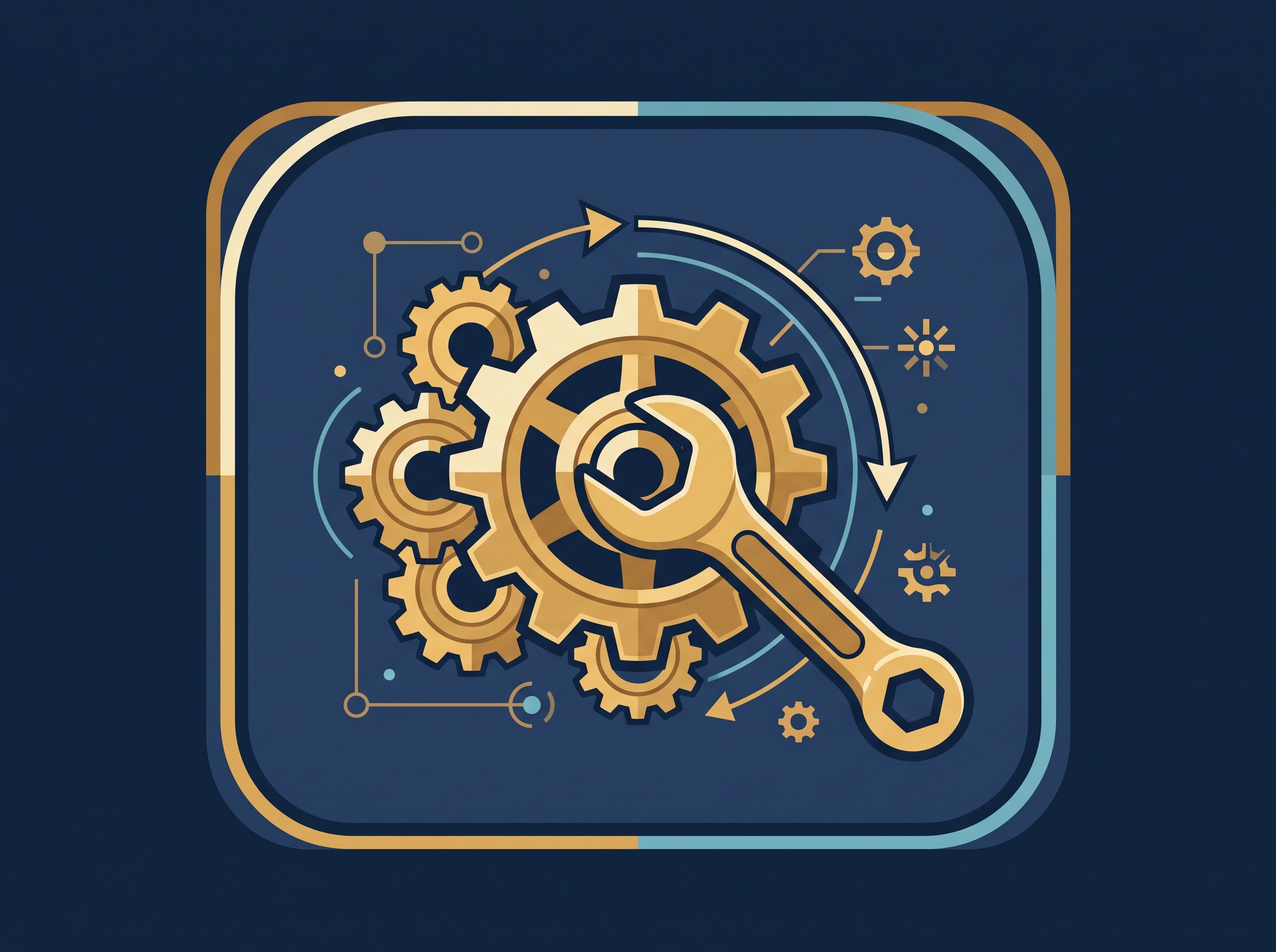 A gold gear turned by a wrench inside a panel, on navy, symbolizing a utility patent that protects how an invention functions