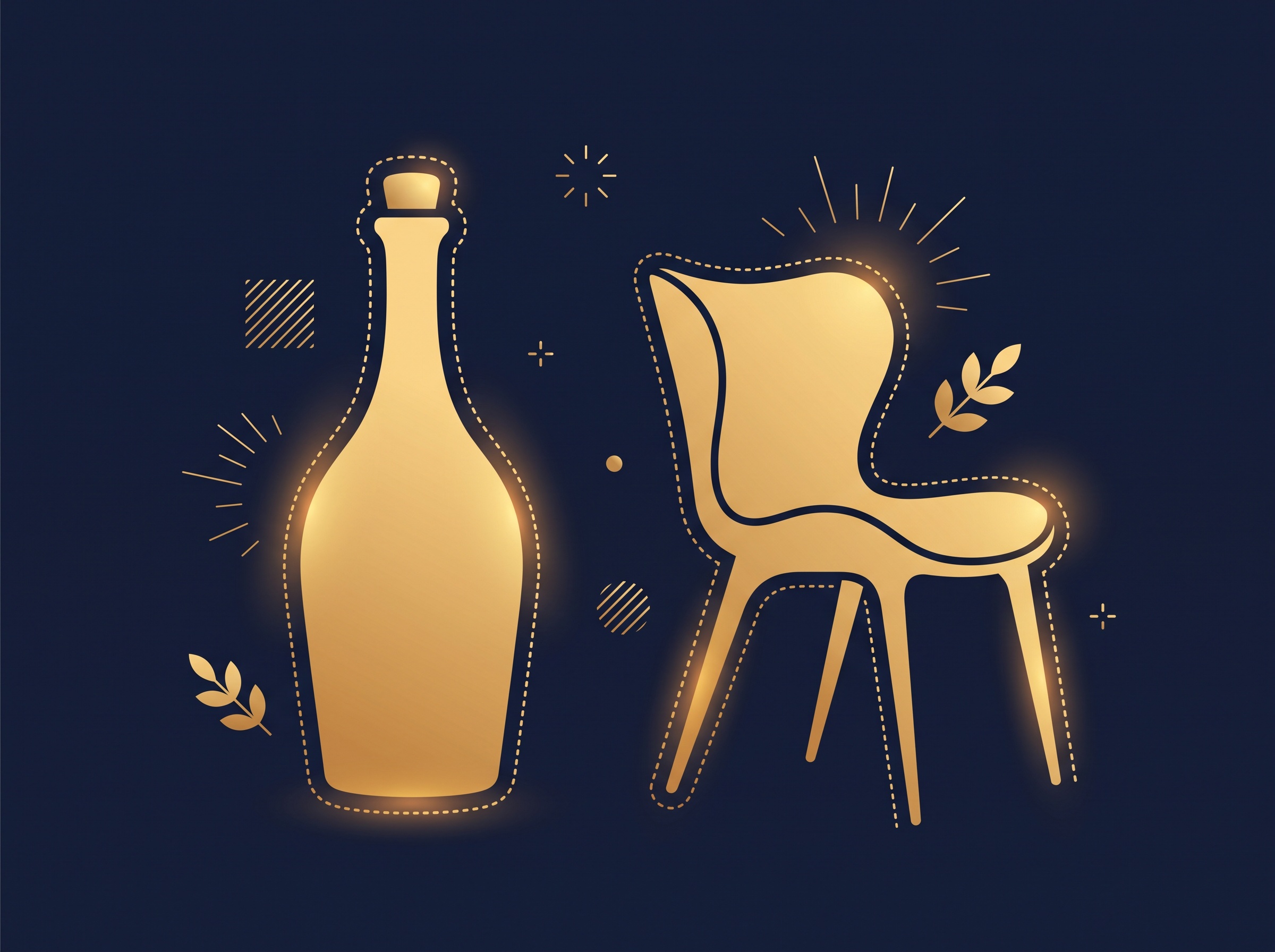 A smooth gold product silhouette traced by a dotted contour line, on navy, symbolizing a design patent that protects ornamental appearance