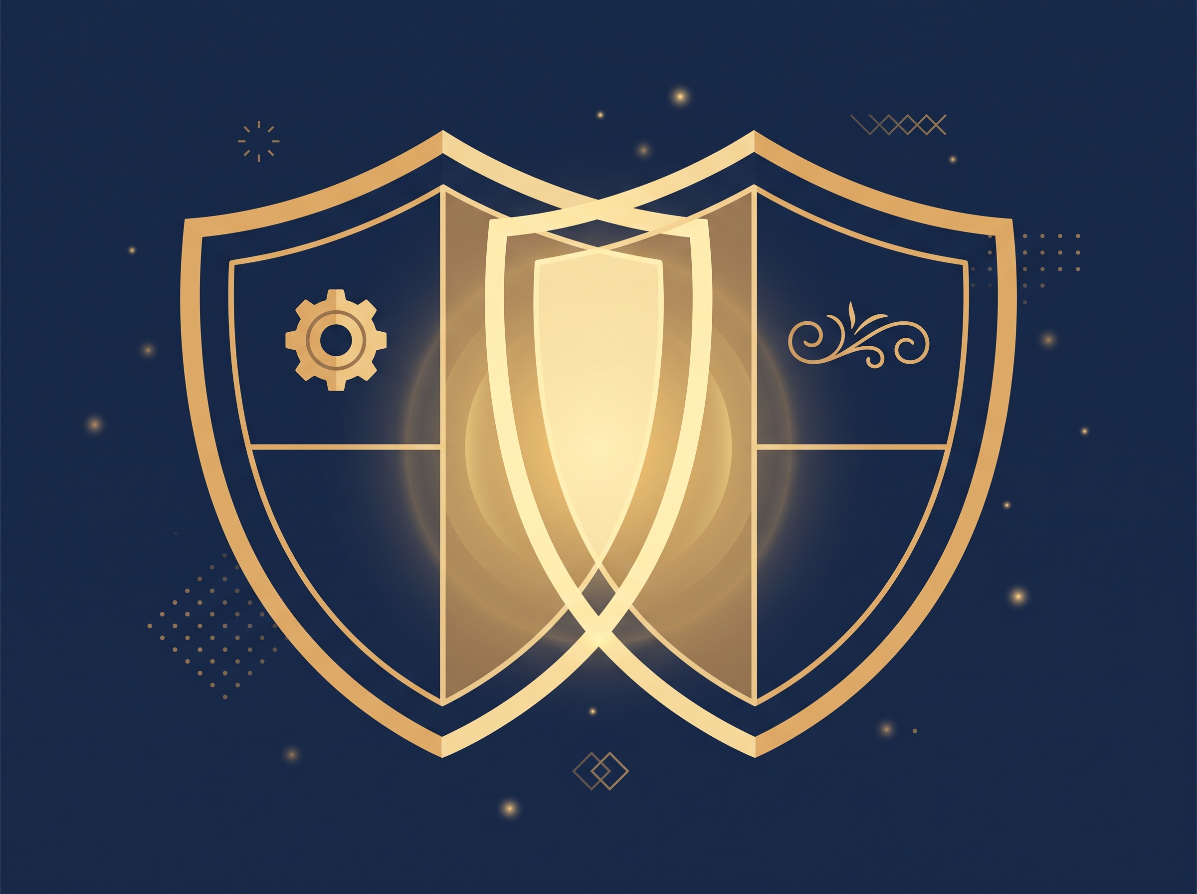 Two overlapping gold shields, one marked with a gear and one with a decorative swirl, overlapping in the middle, on navy, symbolizing using both utility and design patents together
