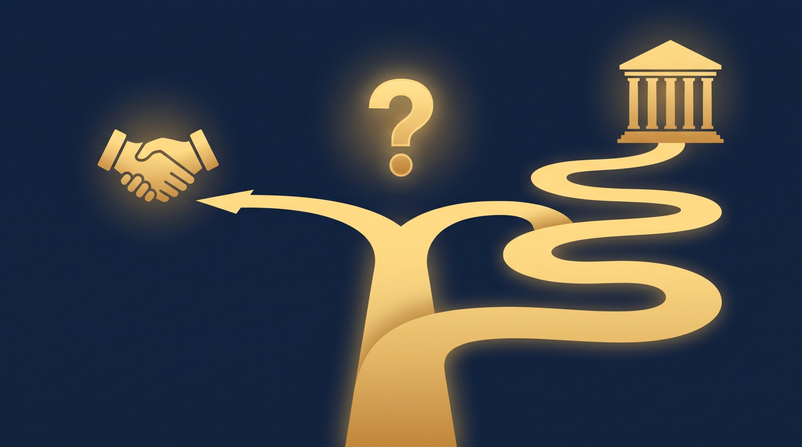 A gold path forking toward a handshake on one side and a tall columned building on the other, with a question mark above, on navy, symbolizing deciding whether to sue