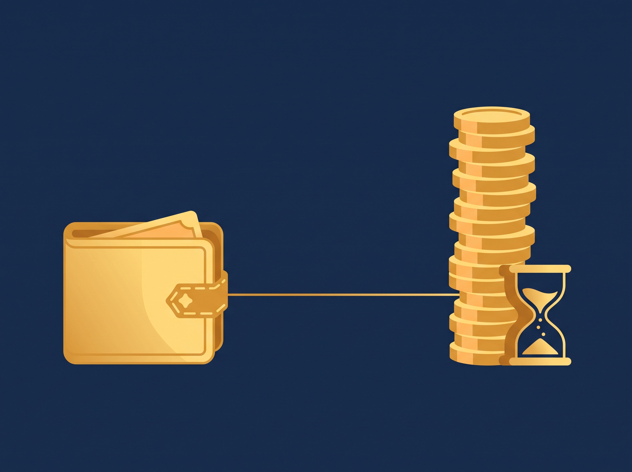 A gold wallet linked to a tall stack of coins and an hourglass, on navy, symbolizing the money and time a lawsuit costs
