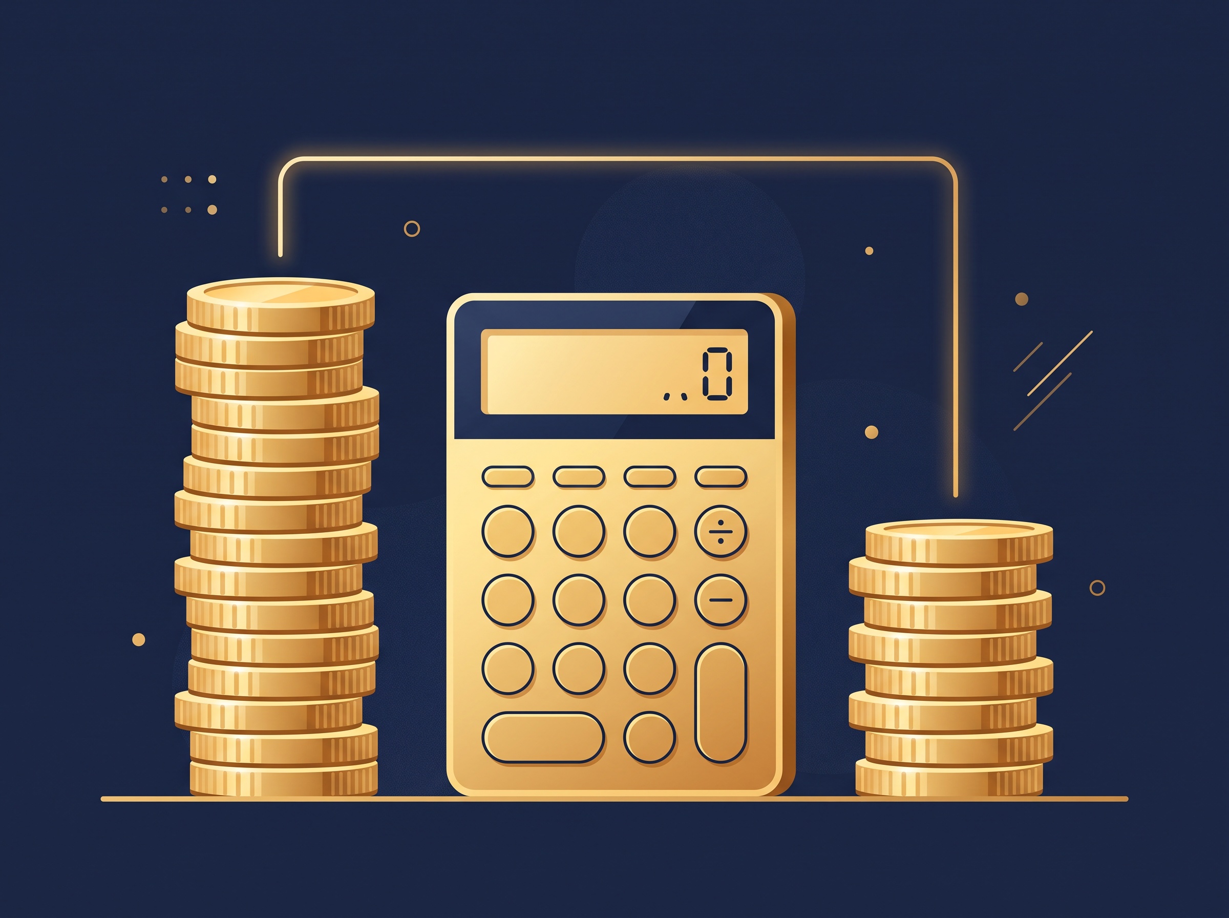 A gold calculator between two unequal stacks of gold coins, on navy, symbolizing weighing likely recovery against likely cost