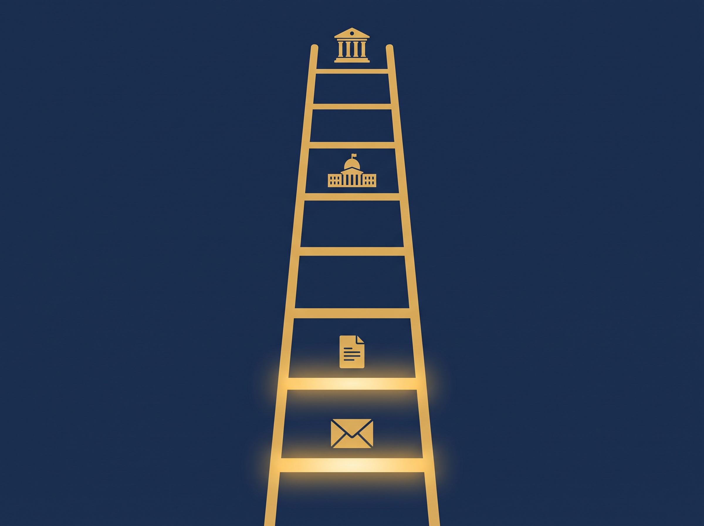 A gold ladder with glowing lower rungs carrying an envelope and document icons rising toward a courthouse at the top, on navy, symbolizing cheaper steps before litigation