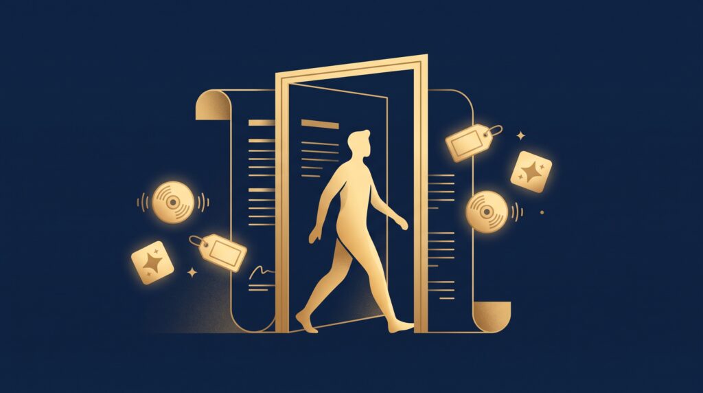 A gold artist silhouette stepping through a contract-shaped doorway with asset icons split on each side, on navy, symbolizing signing with an agency or label