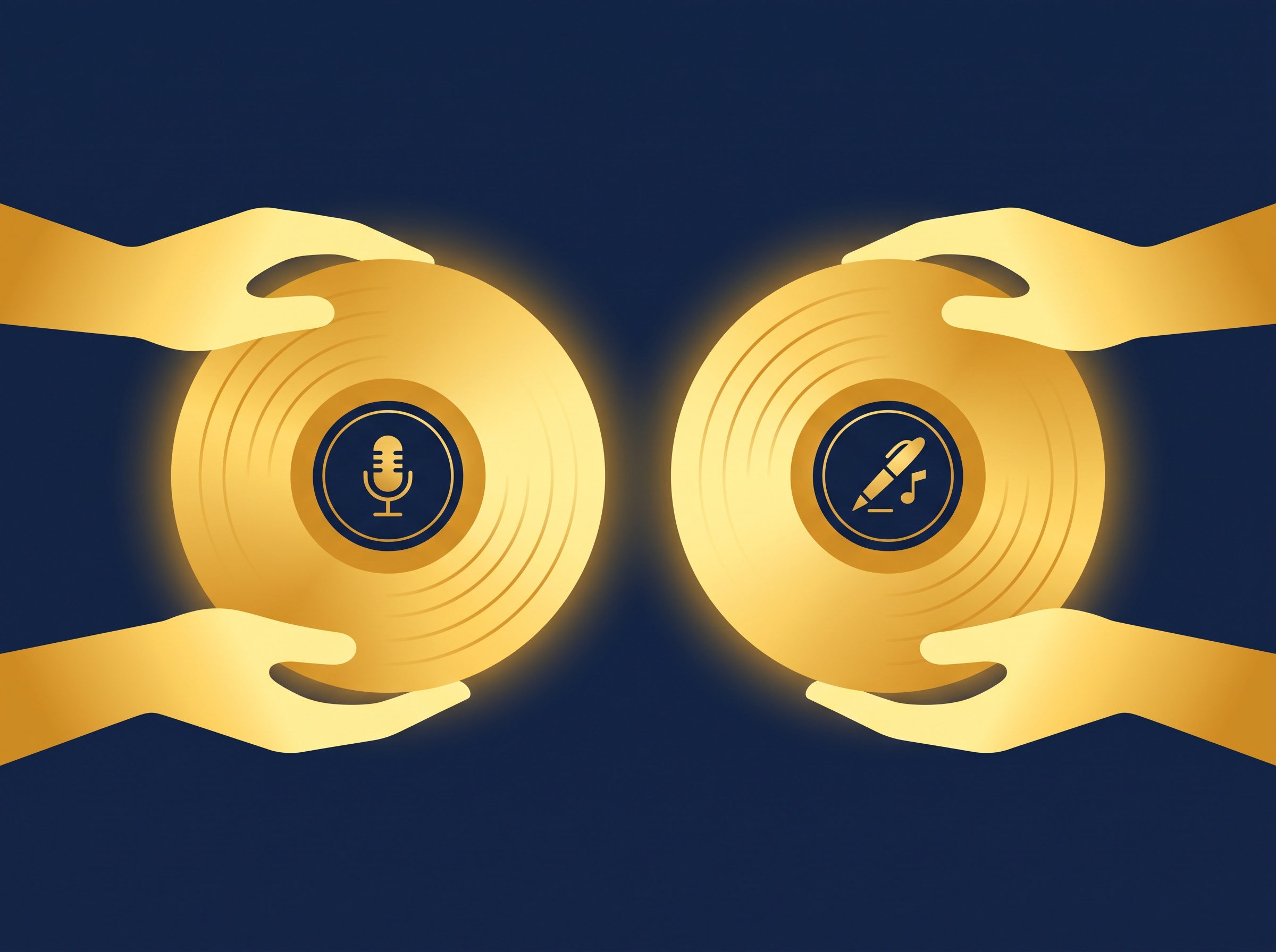 Two gold discs, one marked with a microphone and one with a pen, each held by different hands on navy, symbolizing the split between masters and song composition