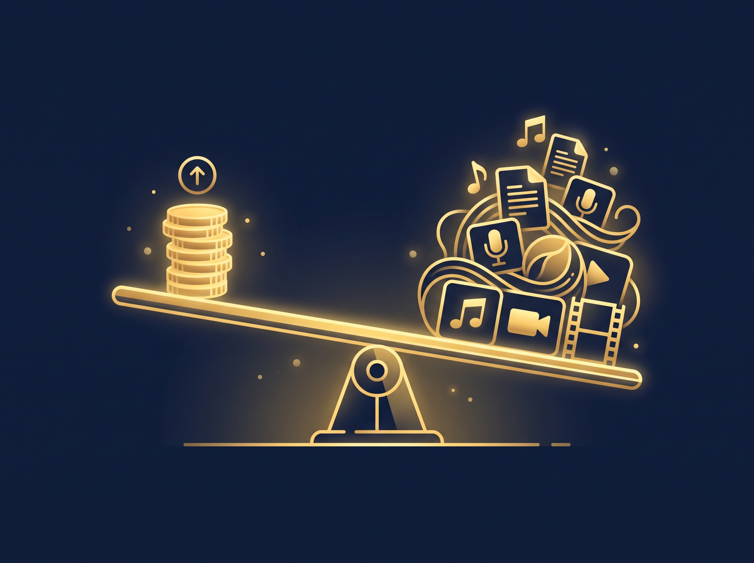A gold seesaw with a stack of coins on one side and a larger pile of creative assets on the other, on navy, symbolizing an advance weighed against rights given up