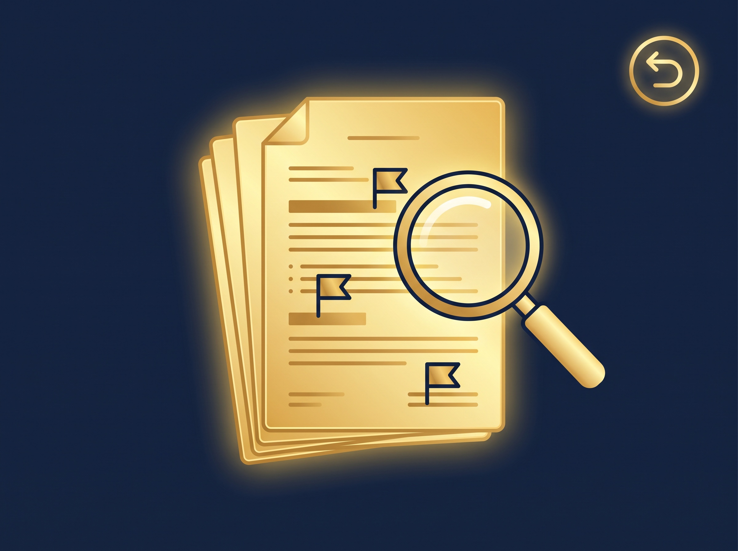 A gold contract under a magnifying glass with warning-flag markers and a return-arrow, on navy, symbolizing reviewing an agency or label contract for red flags